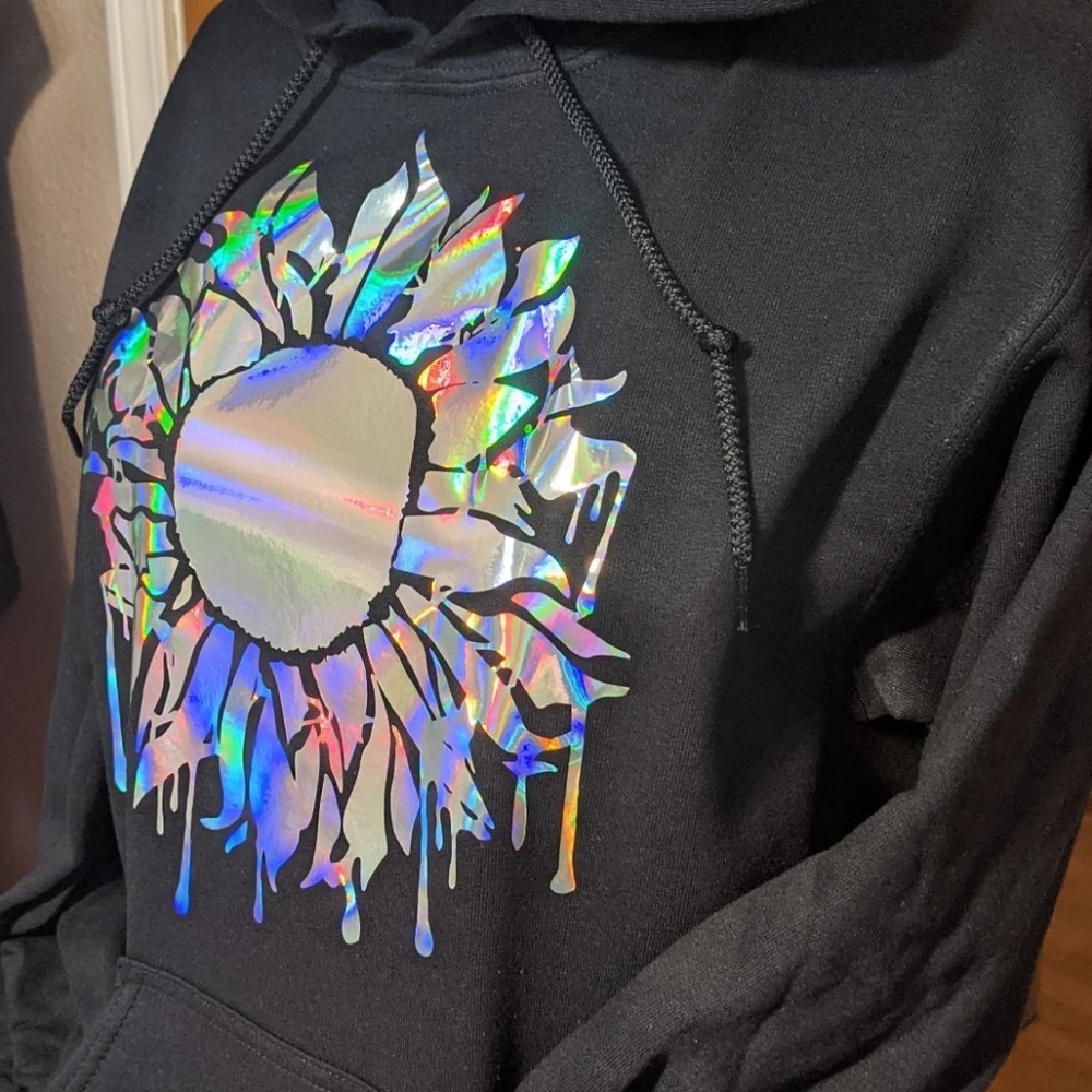 Drippy Trippy Black Hoodie with Holographic Sun Design Handcrafted